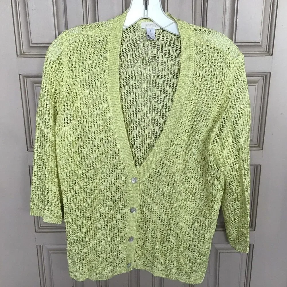 Chico's Sweater Sz1 Cardigan Yellow Open Knit V Neck Buttons 3/4 Sleeve Used